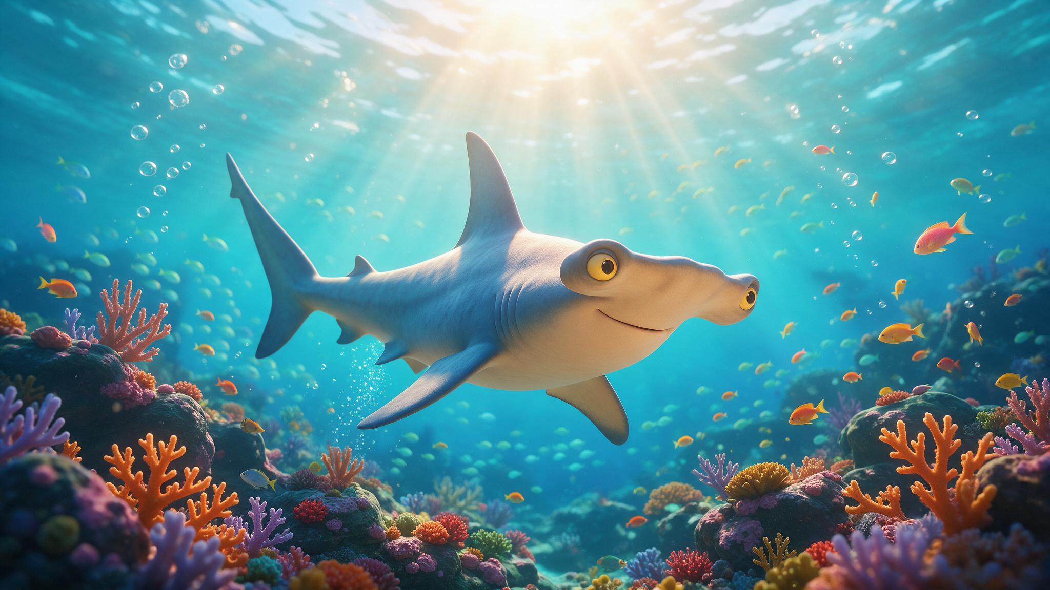 Hammerhead shark swimming near a coral reef